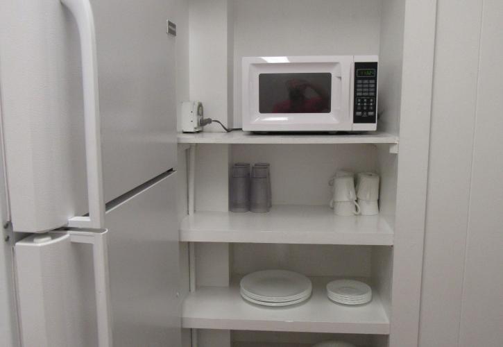 Shelves lined with kitchen utensils including cups, plates, bowls, and a microwave