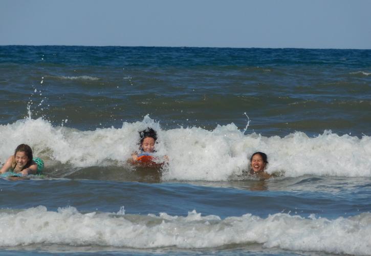 Children on boogie boards riding the surf