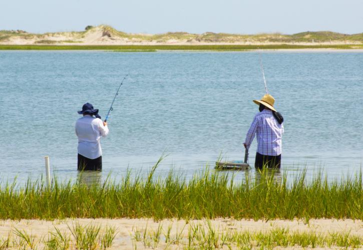Two men fish in the water surrounded by sand dunes and marsh grasses