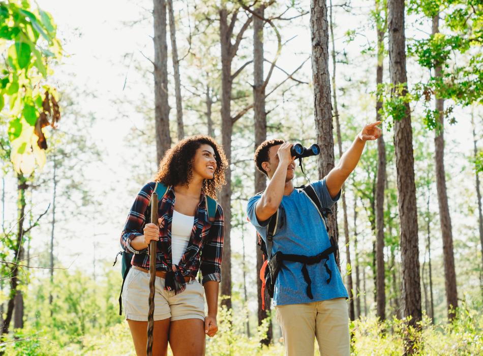 Two people look for clues about spotting wildlife.